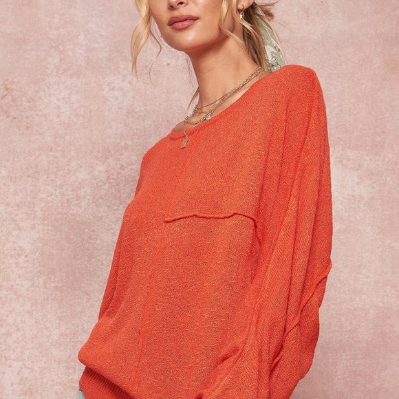 Womens Coral Round Neckline Long Dolman Sleeves Loose Fit Solid Knit Sweater NWT - Picture 3 of 3